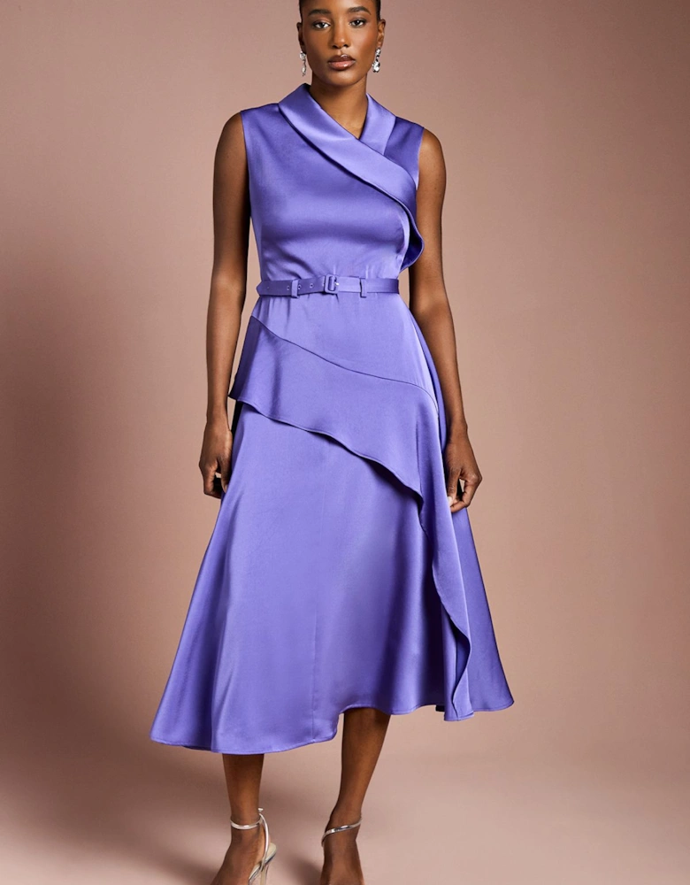 Waterfall Ruffle Belted Satin Midi Dress