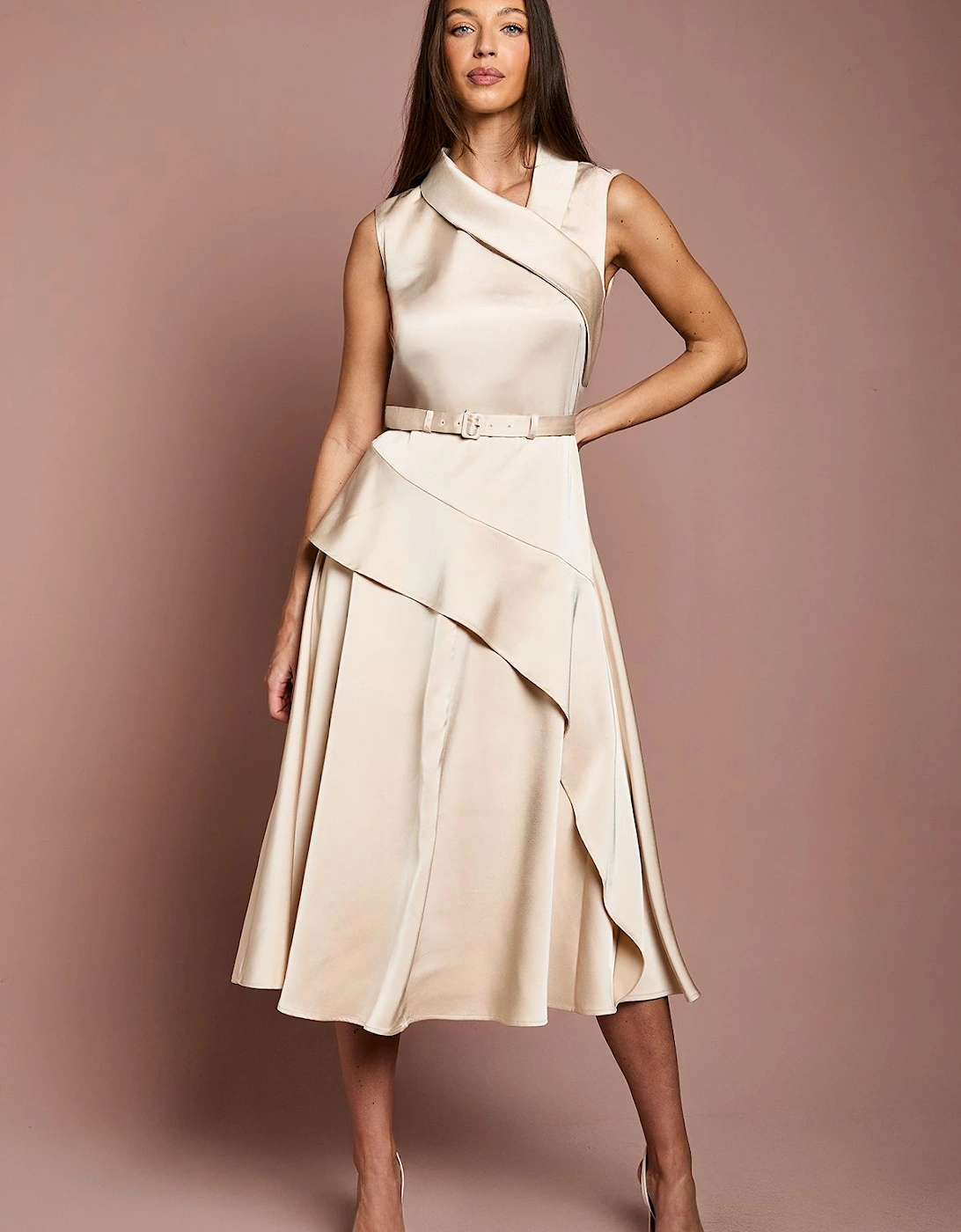 Waterfall Ruffle Belted Satin Midi Dress, 2 of 1