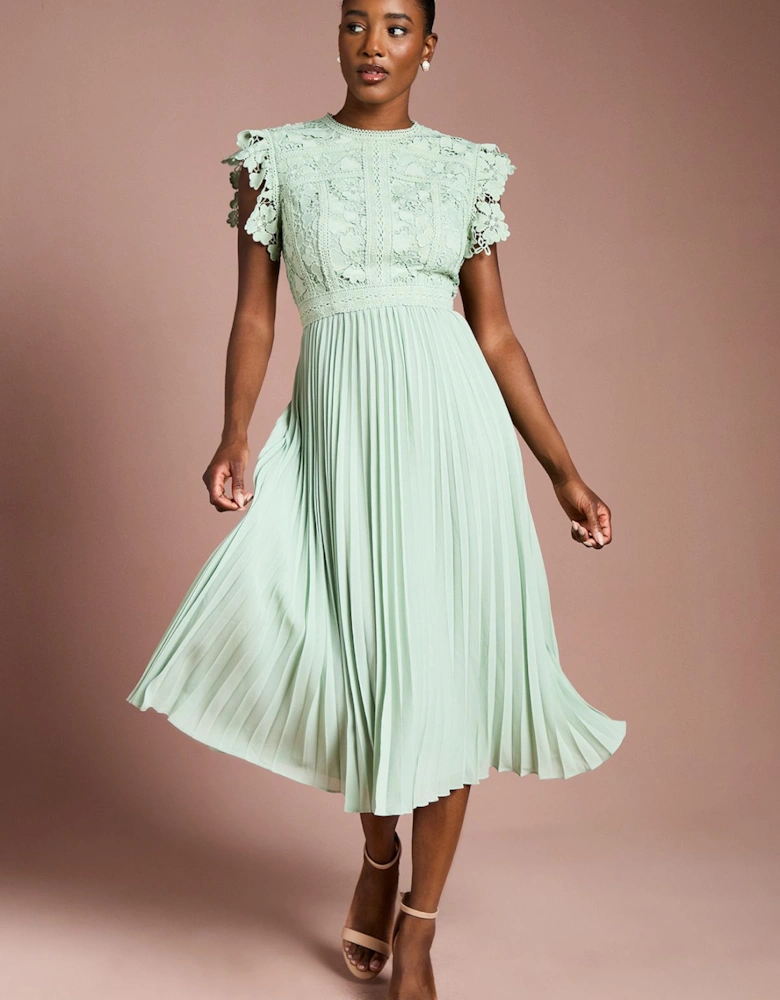 Flutter Sleeve Lace Top Pleated Skirt Midi Dress