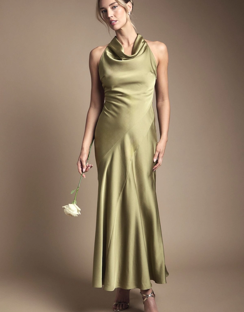 Petite Cowl Halterneck Satin Maxi Bridesmaid Dress
