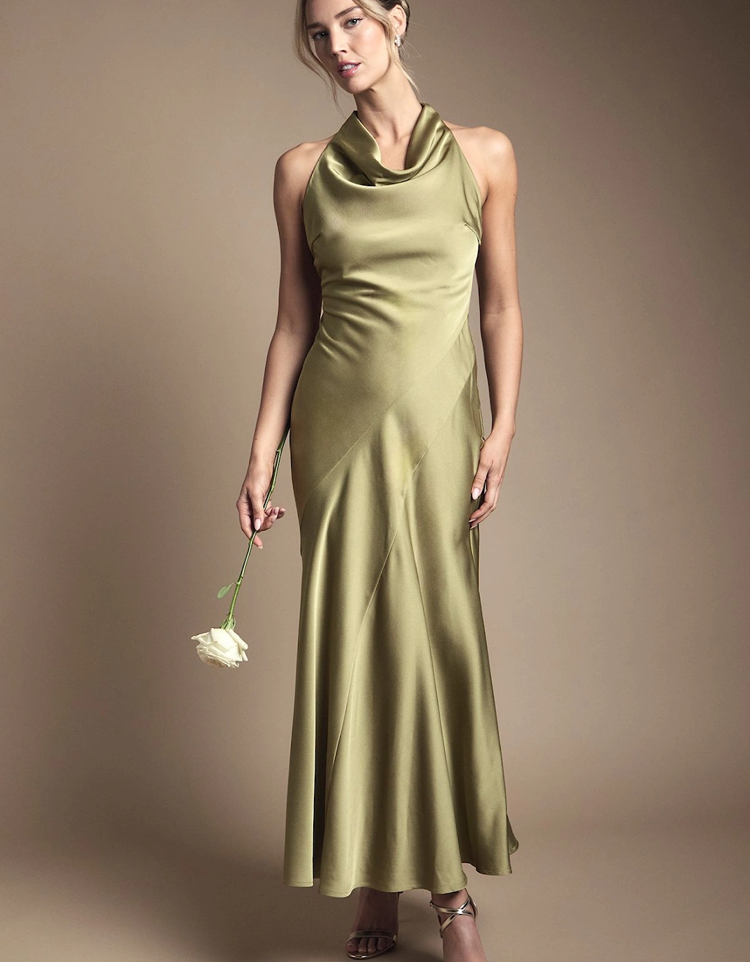 Petite Cowl Halterneck Satin Maxi Bridesmaid Dress, 2 of 1