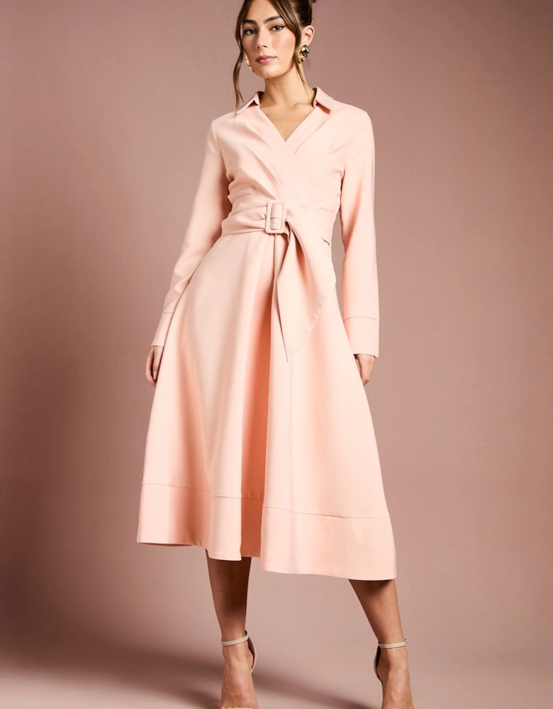 Long Sleeve Belted Crepe Midi Dress