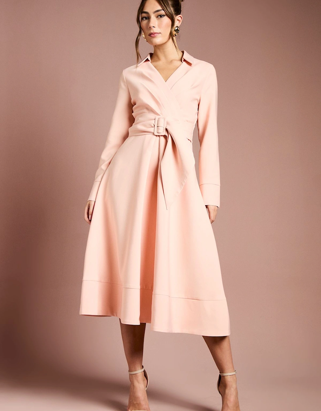 Long Sleeve Belted Crepe Midi Dress, 2 of 1