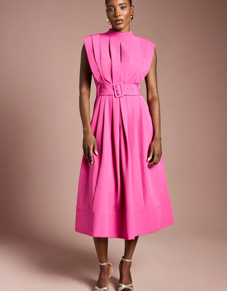 Colour Block Belted Pleat Detail Midi Dress