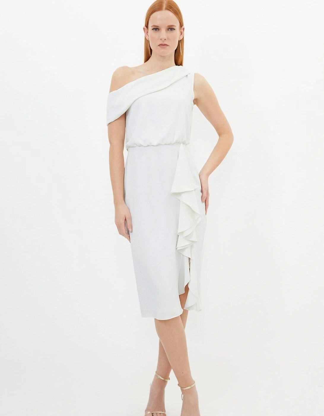 Premium Crepe Asymmetric Neck Drape Detail Midi Dress, 2 of 1