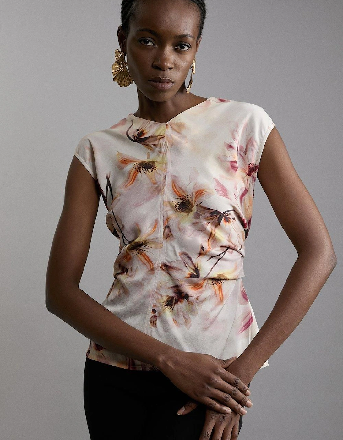 Abstract Floral Satin Crepe Woven Gathered Detail Top, 2 of 1