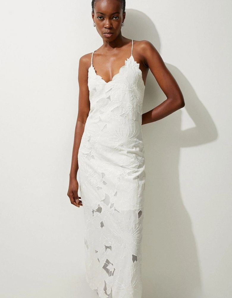 Petite Beaded Cotton Organdie Cutwork Woven Strappy Midi Dress