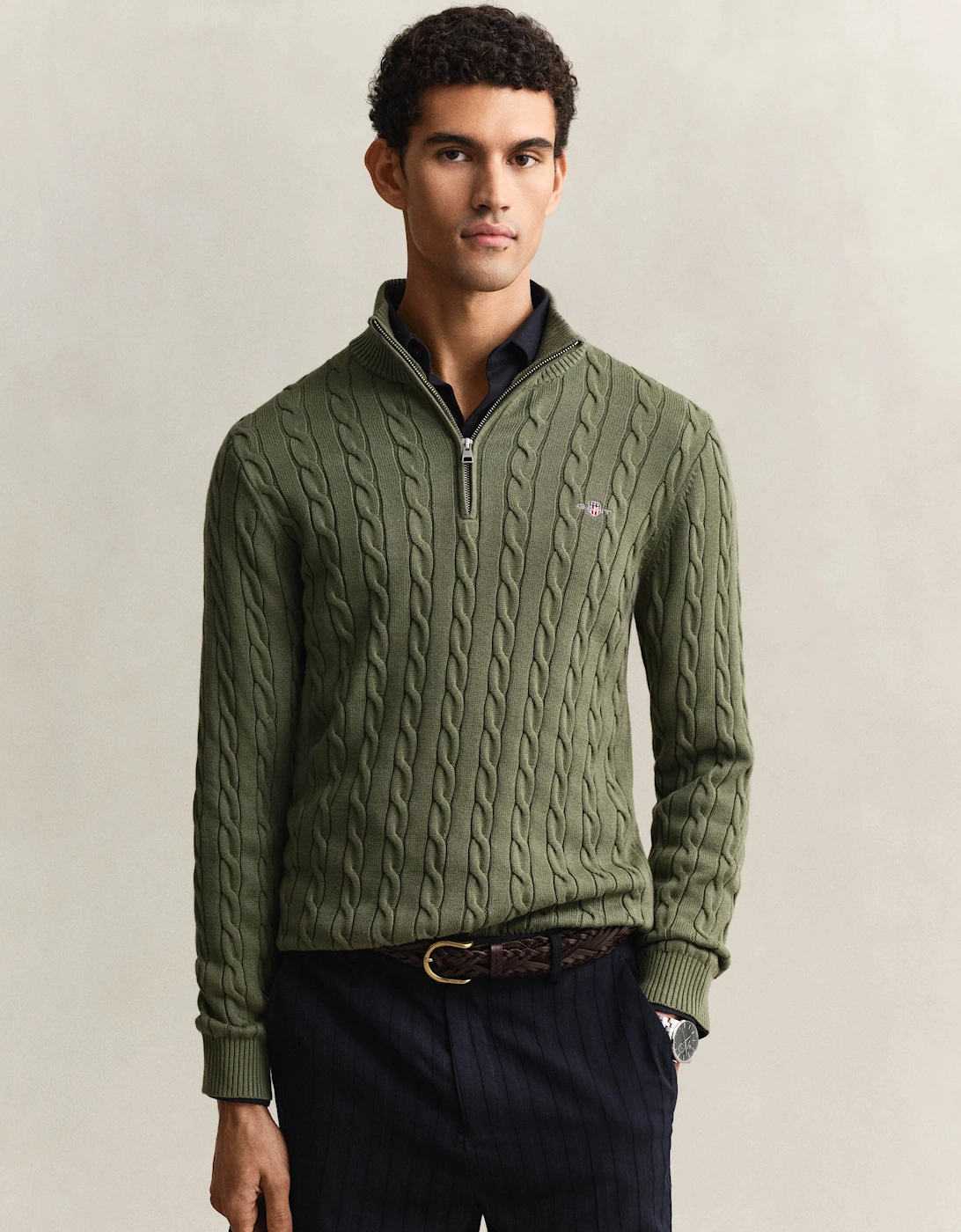 Gant Men's Tan Cotton Cable Half Zip Jumper - 379 Dry Herb Green - : L