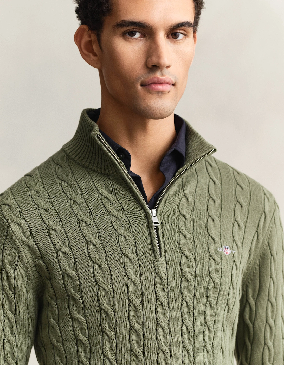 Mens Cotton Cable Half Zip Jumper - 379 Dry Herb Green
