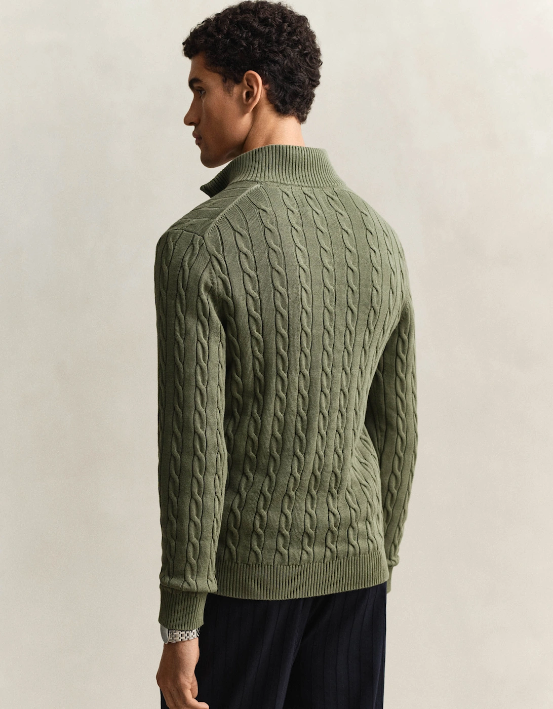 Mens Cotton Cable Half Zip Jumper - 379 Dry Herb Green