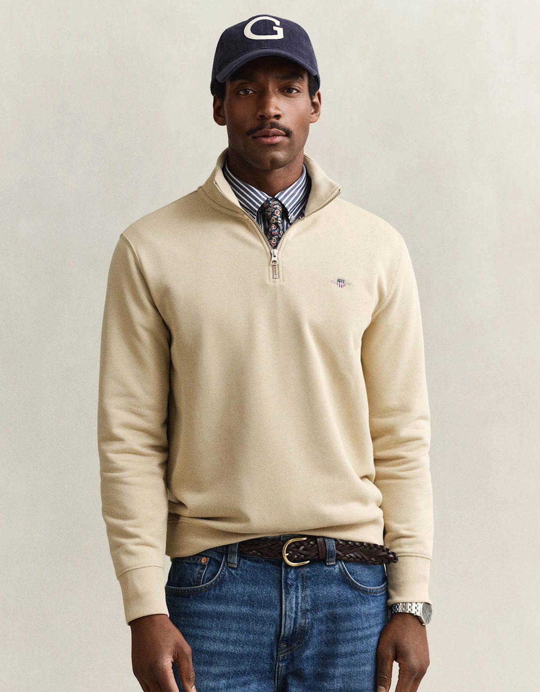 Gant Men's Tan Regular Fit Shield Logo Half Zip Sweatshirt - 200 Oat Beige  42 Xl
