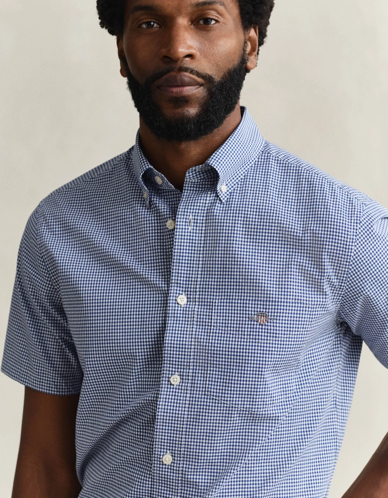 Mens Regular Fit Classic Poplin Gingham Short Sleeve Shirt - 436 College Blue