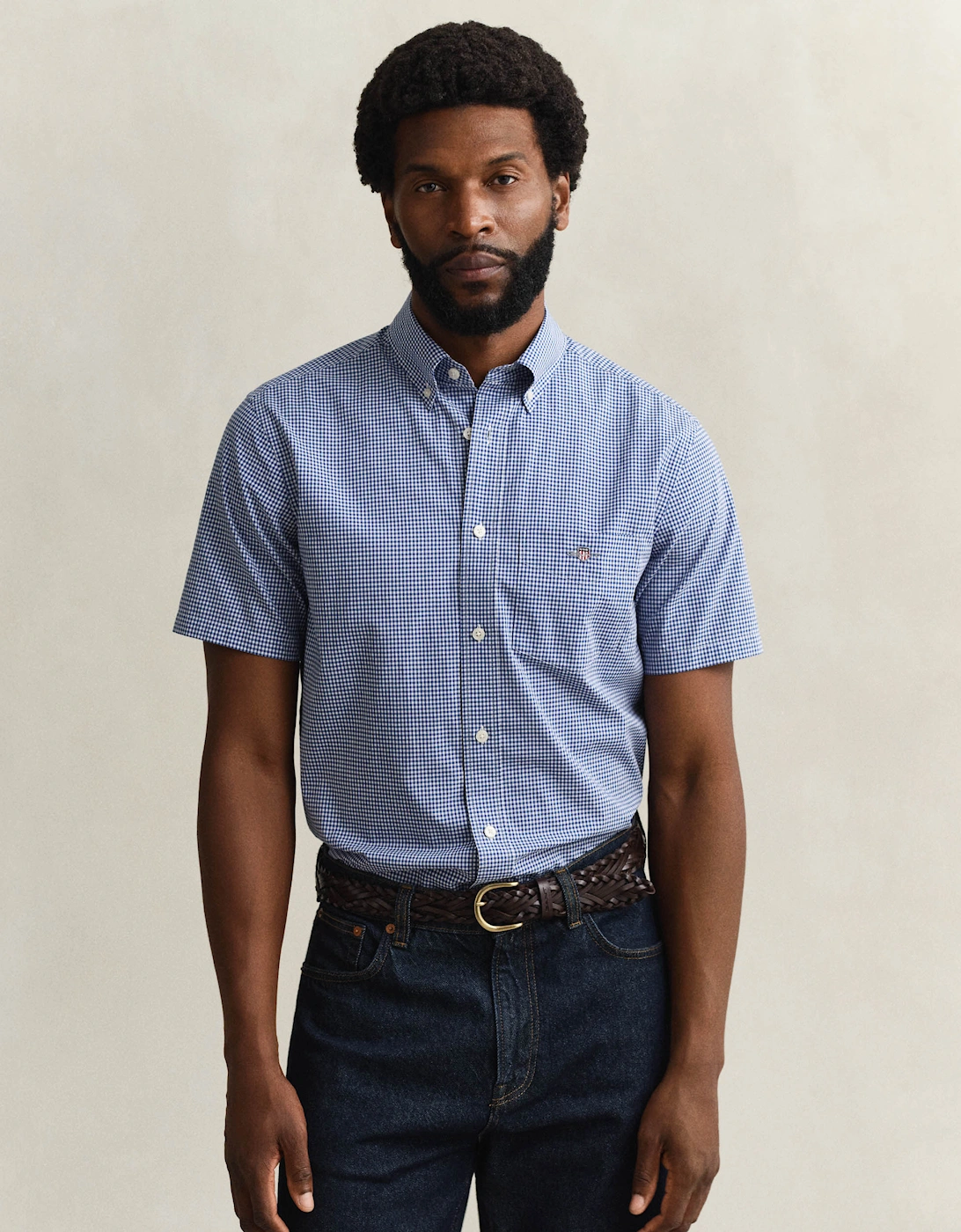 Gant Men's Blue Regular Fit Classic Poplin Gingham Short Sleeve Shirt - 436 College  40/Regular L