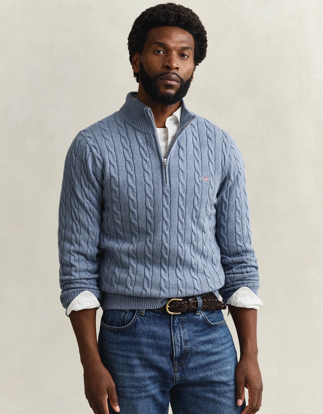 Gant Men's Blue Cotton Cable Half Zip Jumper - 430 Faded Denim - : Xl
