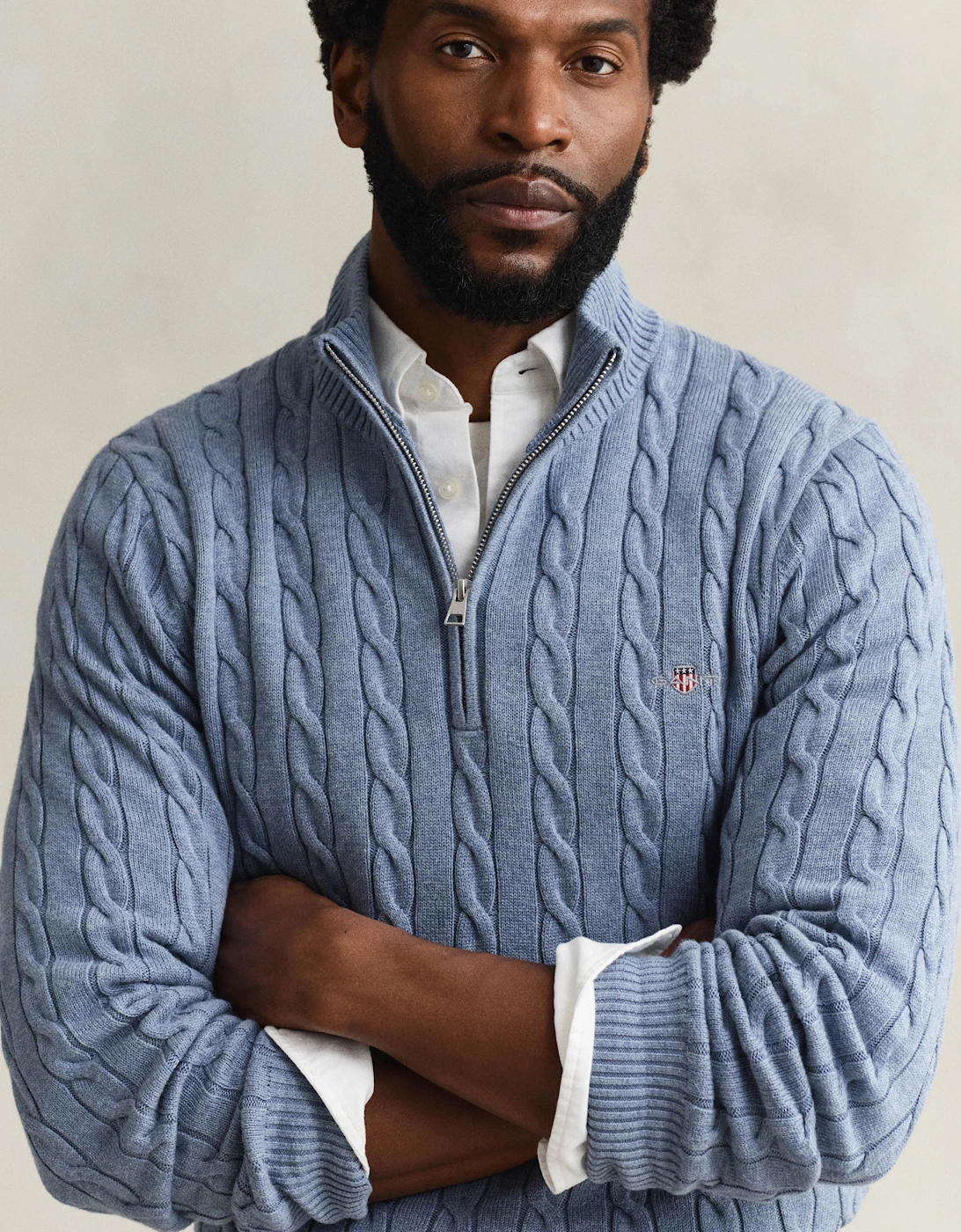 Mens Cotton Cable Half Zip Jumper - 430 Faded Denim