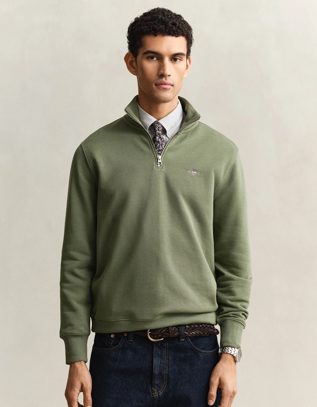 Gant Men's Tan Regular Fit Shield Logo Half Zip Sweatshirt - 379 Dry Herb Green  38 M