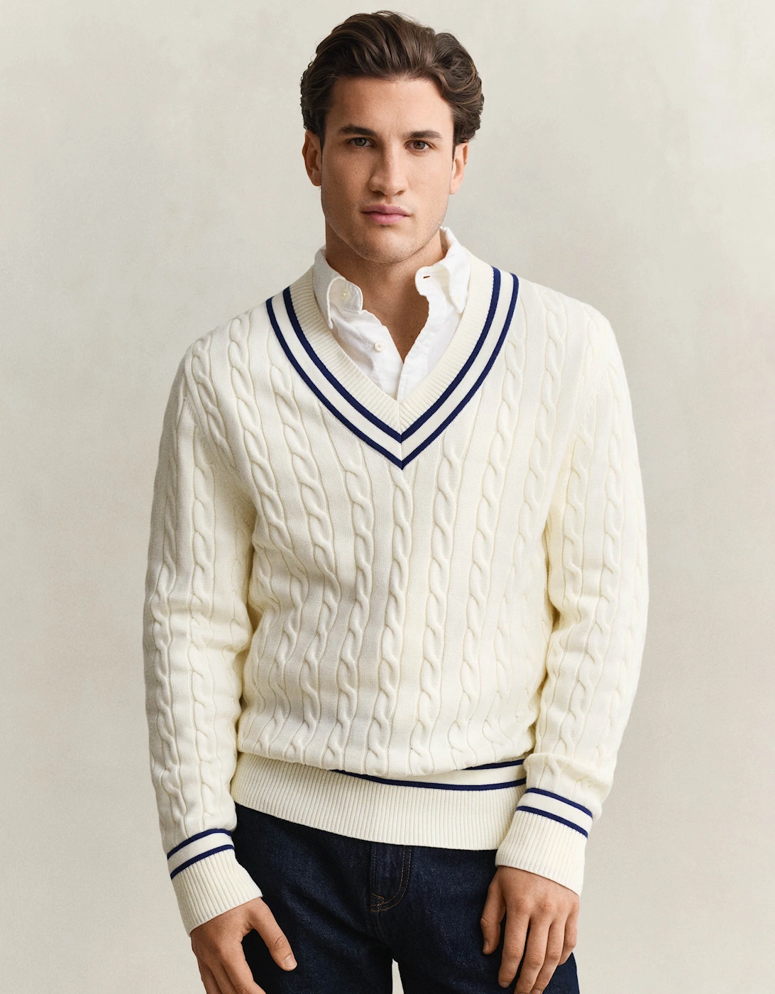 Mens Cotton Cable V-Neck Jumper - 130 Cream, 4 of 3
