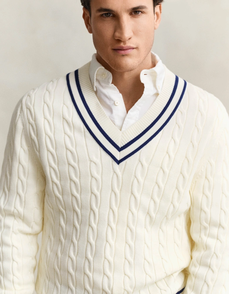 Mens Cotton Cable V-Neck Jumper - 130 Cream