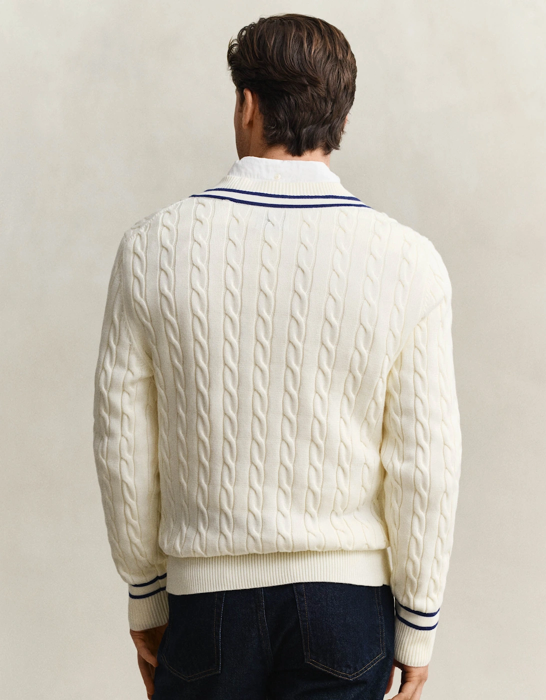 Mens Cotton Cable V-Neck Jumper - 130 Cream