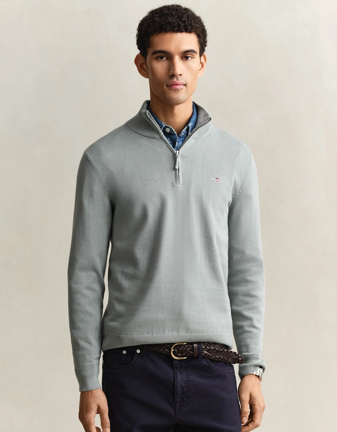Gant Men's Grey Classic Cotton Half Zip Jumper - 10 Ceramic - Size: 38