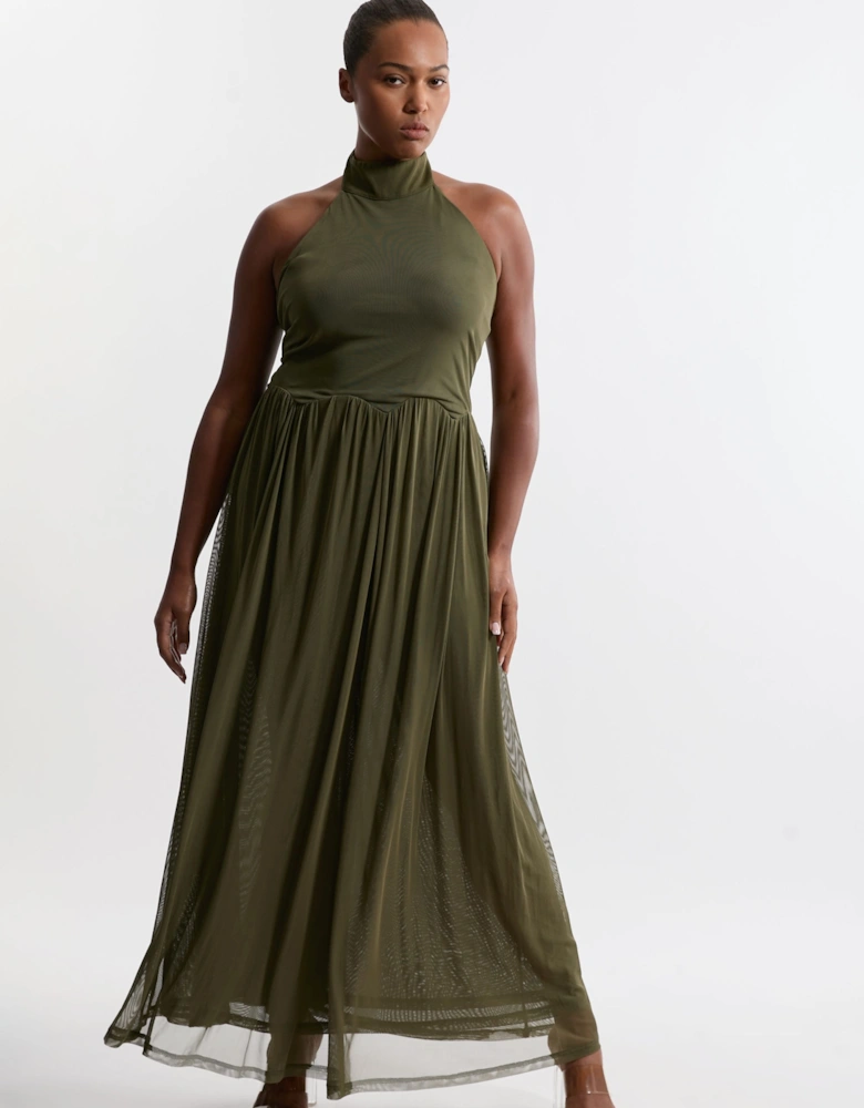 Plus Size Jersey Mesh Halterneck Maxi Dress