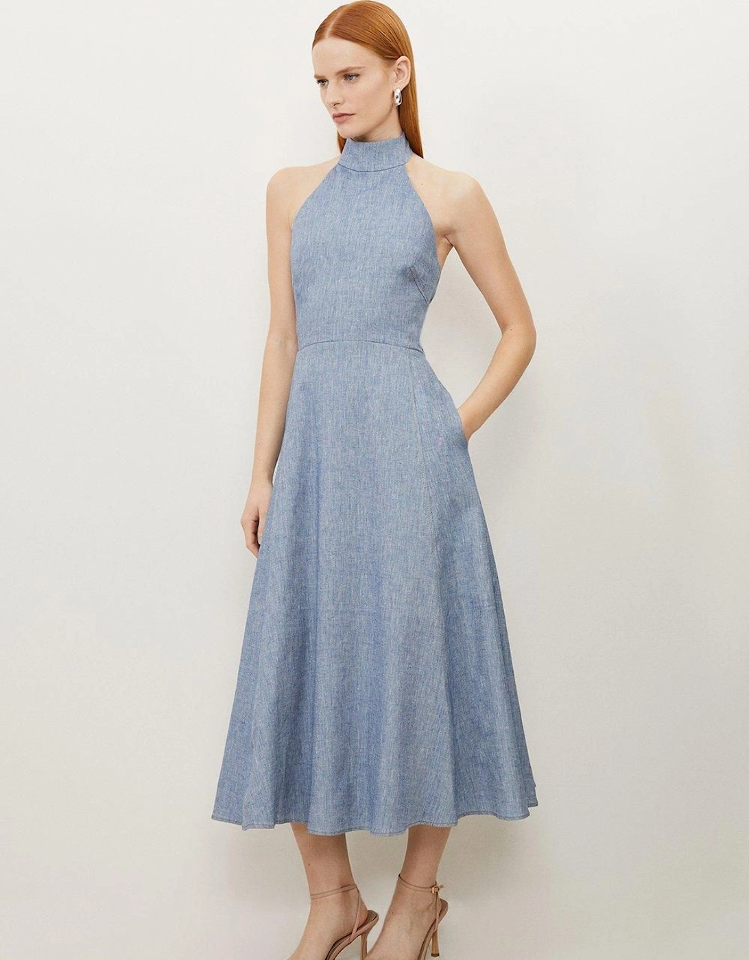 Tailored Denim Look Linen Strappy Full Skirted Midi Dress, 2 of 1