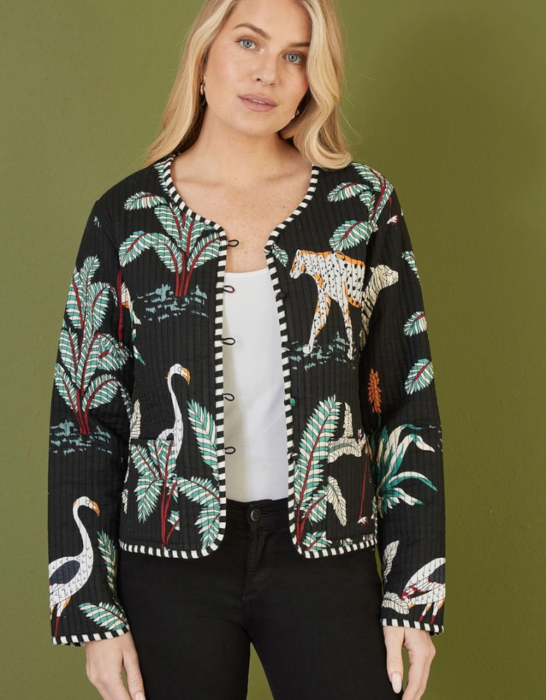 Black Animal Print Reversible Cotton Cropped Quilted Jacket