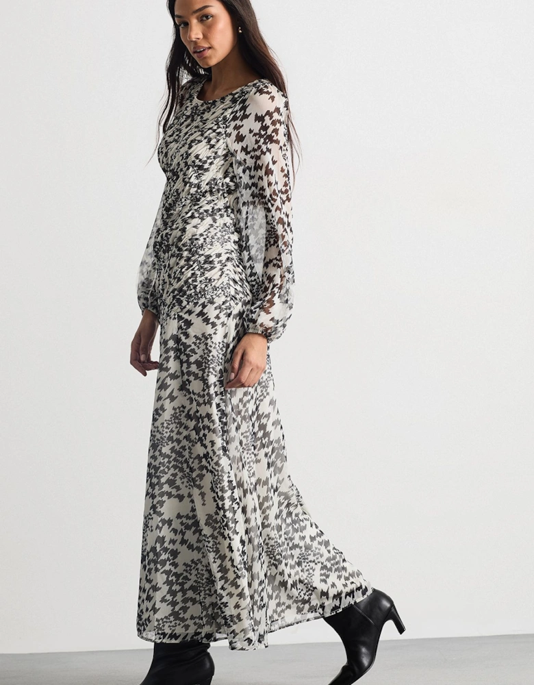 Shirred Bodice Detail Dogstooth Printed Midi Dress