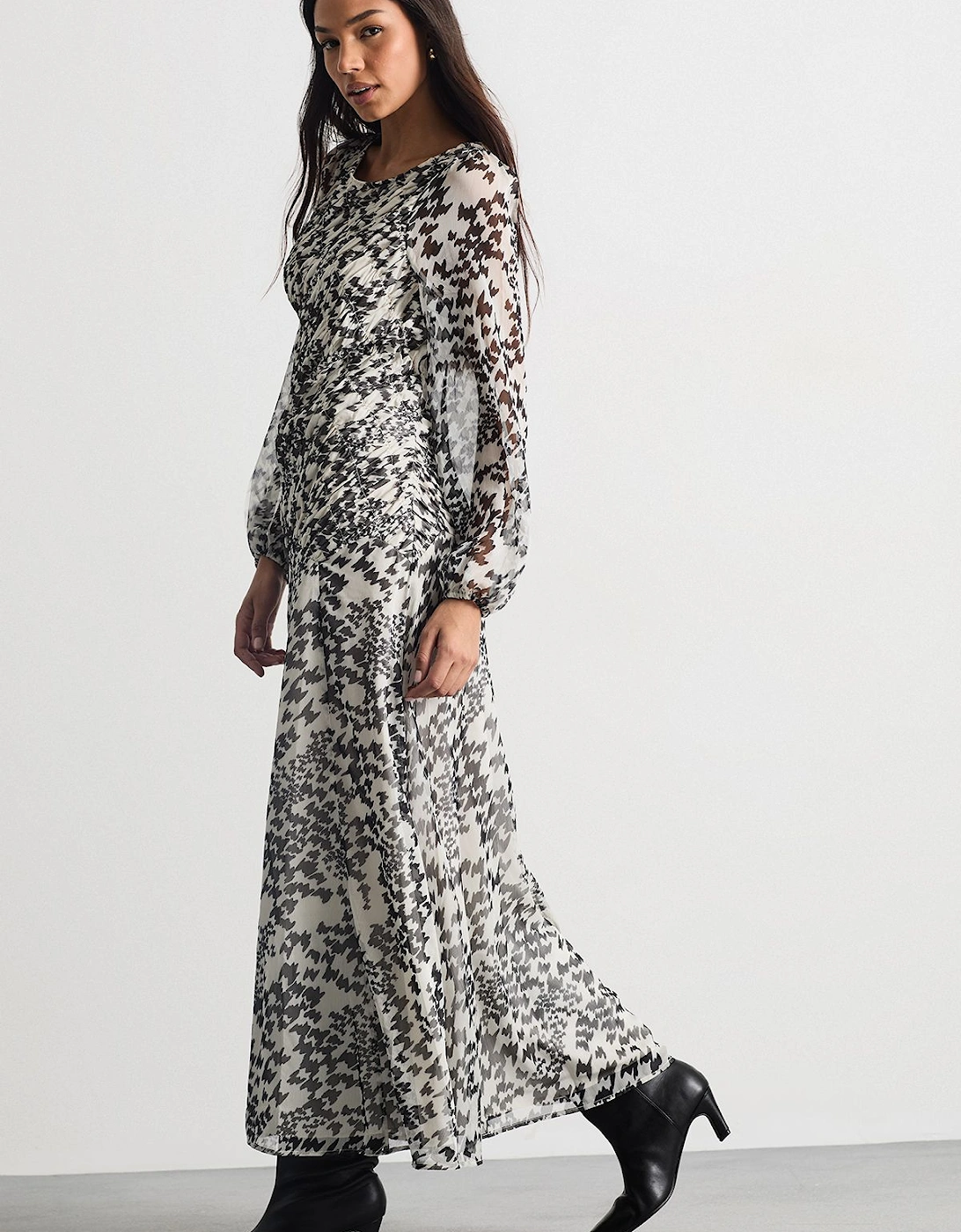 Shirred Bodice Detail Dogstooth Printed Midi Dress, 2 of 1