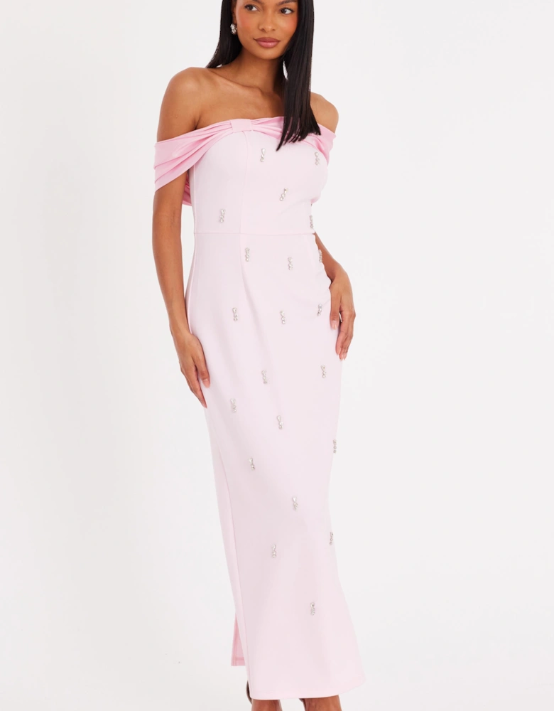 Pale Pink Embellished Bardot Midaxi Dress