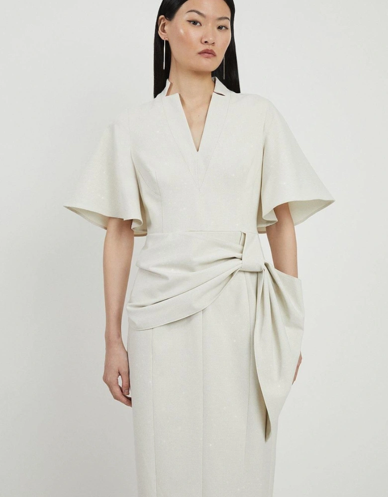 Tailored Metallic Angel Sleeved Midi Pencil Dress