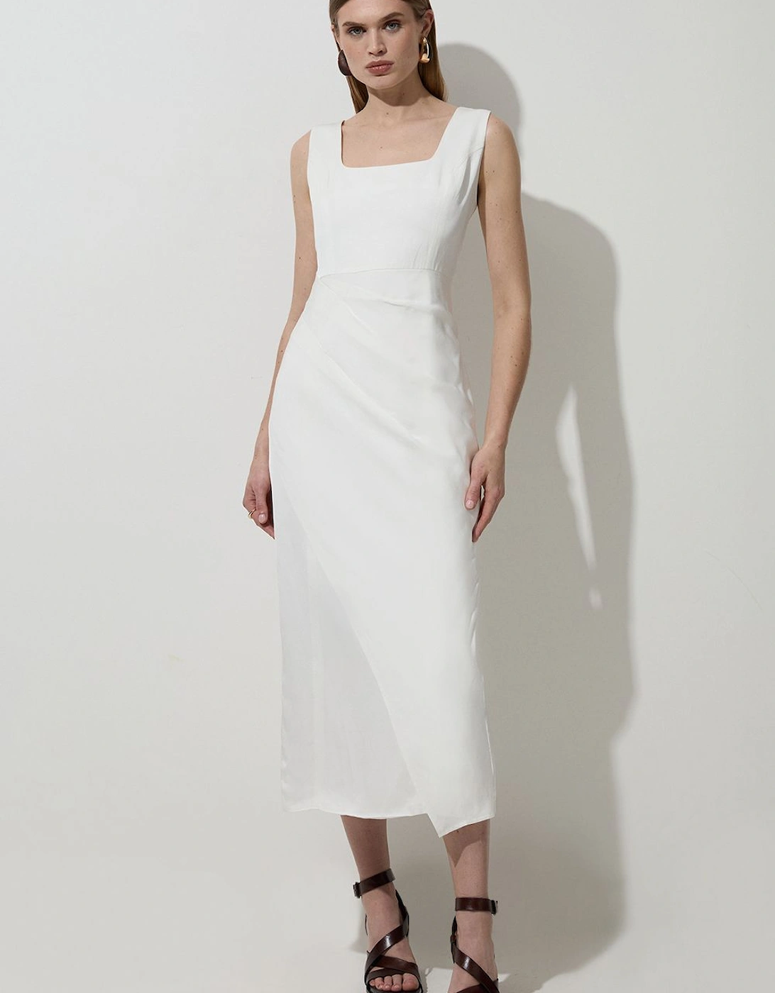 Tall Tailored Viscose Linen Strappy Pleat Detail Midaxi Dress, 2 of 1