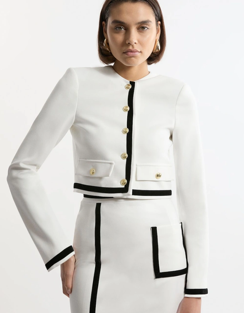 Tall Compact Stretch Tipped Velvet Contrast Collarless Tailored Jacket