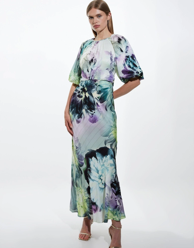 Spring Floral Printed Hammered Satin Woven Midi Dress