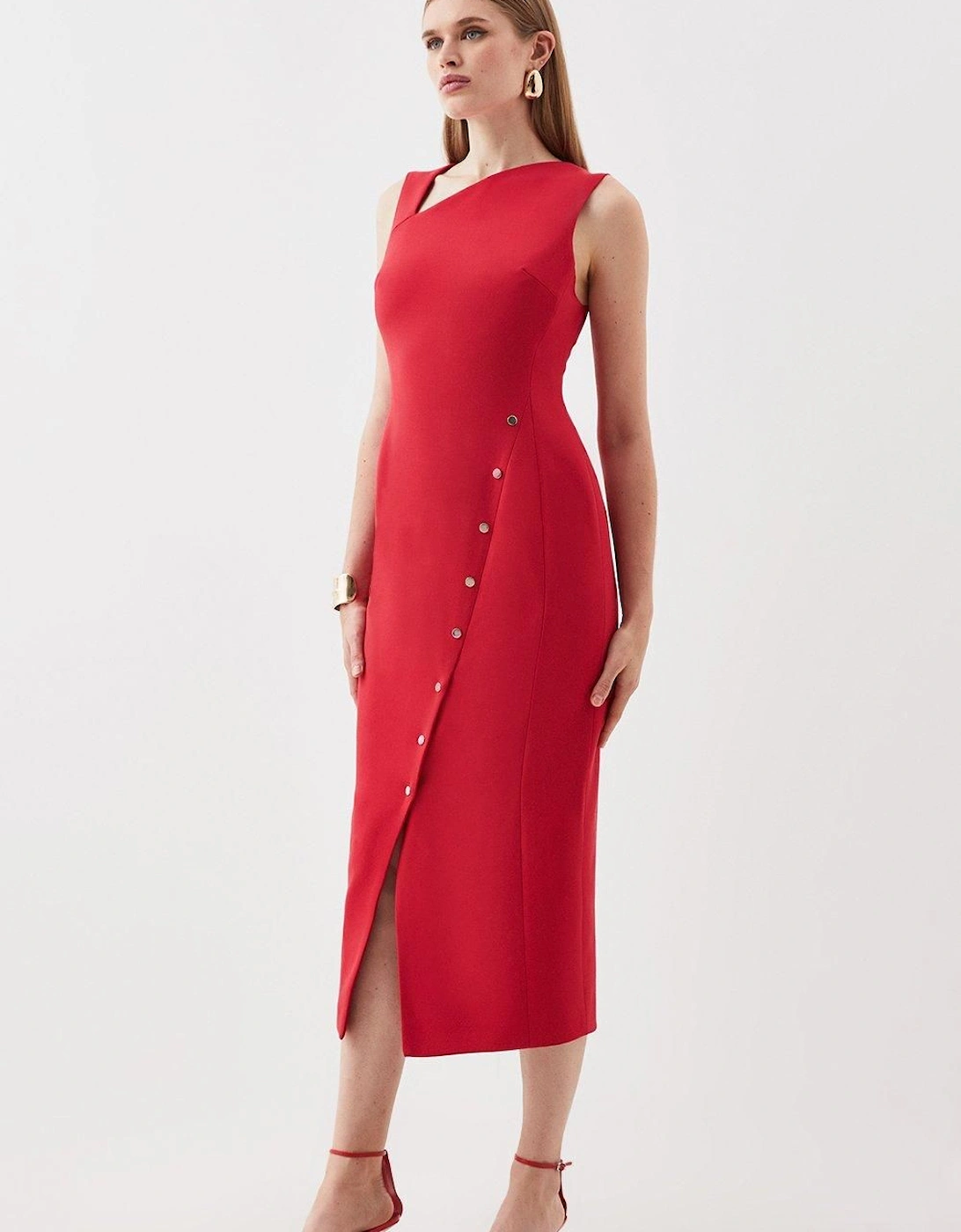 Tailored Compact Stretch Asymmetric Button Detail Midi Pencil Dress, 2 of 1