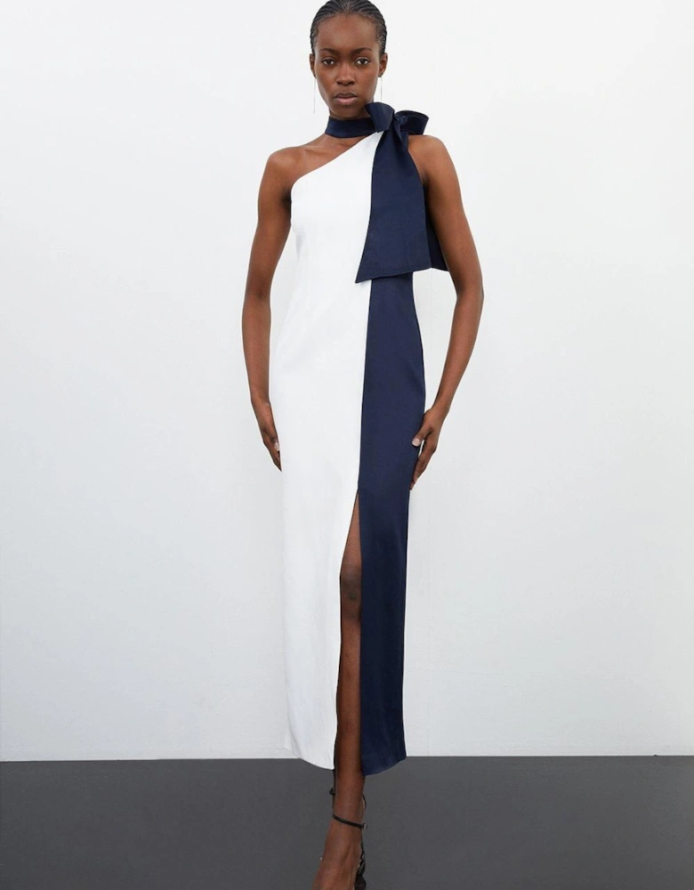Tailored Satin Back Crepe Tie Neck Contrast Panel Maxi Dress