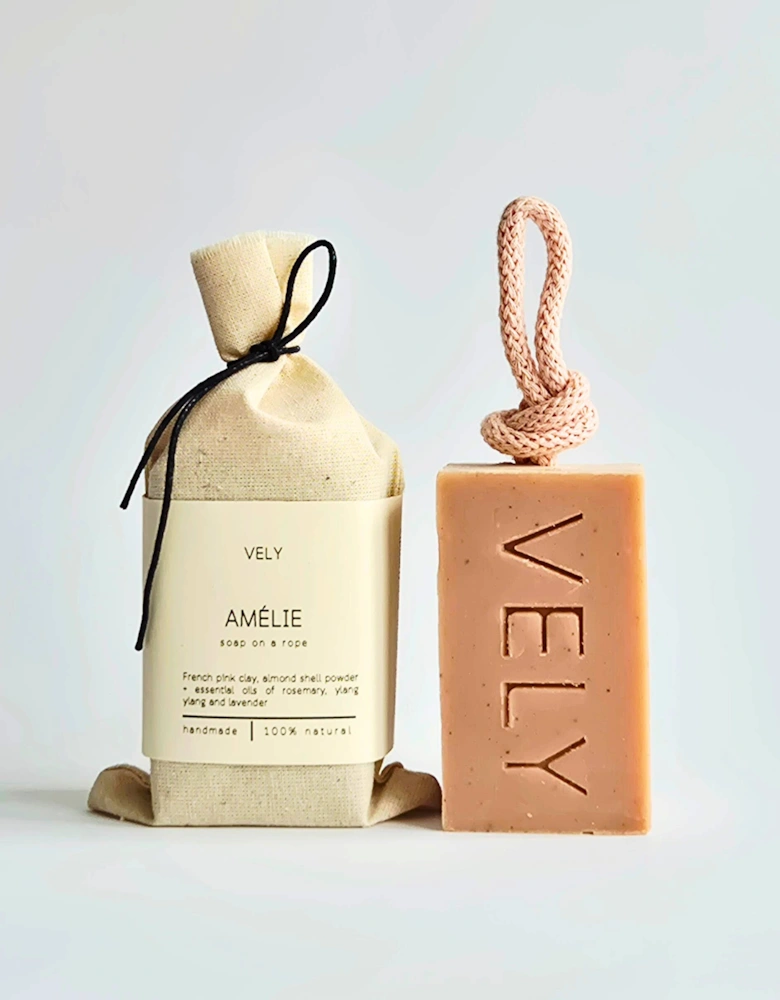 Natural Handmade Soap On A Rope With Pink Clay  "Amélie"