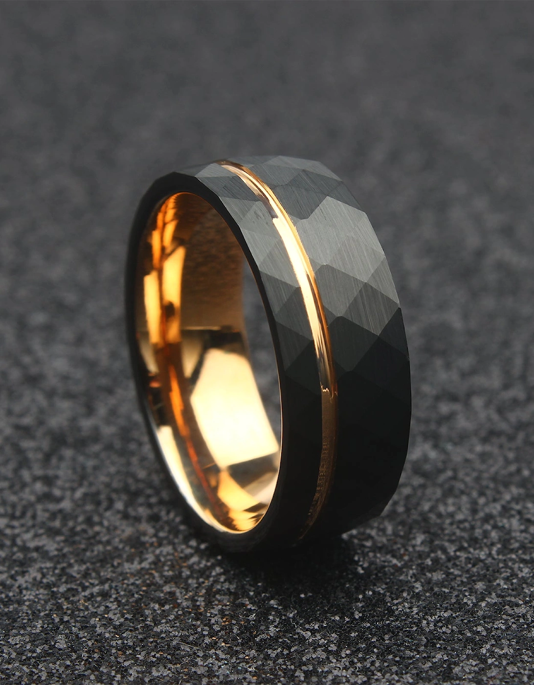 The Scorpius - 8mm Hammered Brushed Black Tungsten & Rose Gold Ring
