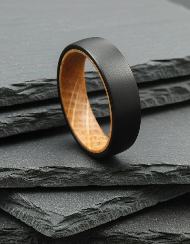 The Hercules - 6mm Brushed Black Tungsten & Whisky Barrel Wood Ring