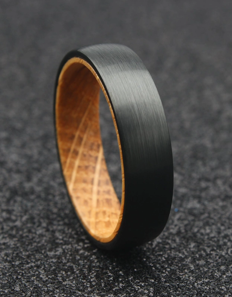 The Hercules - 6mm Brushed Black Tungsten & Whisky Barrel Wood Ring