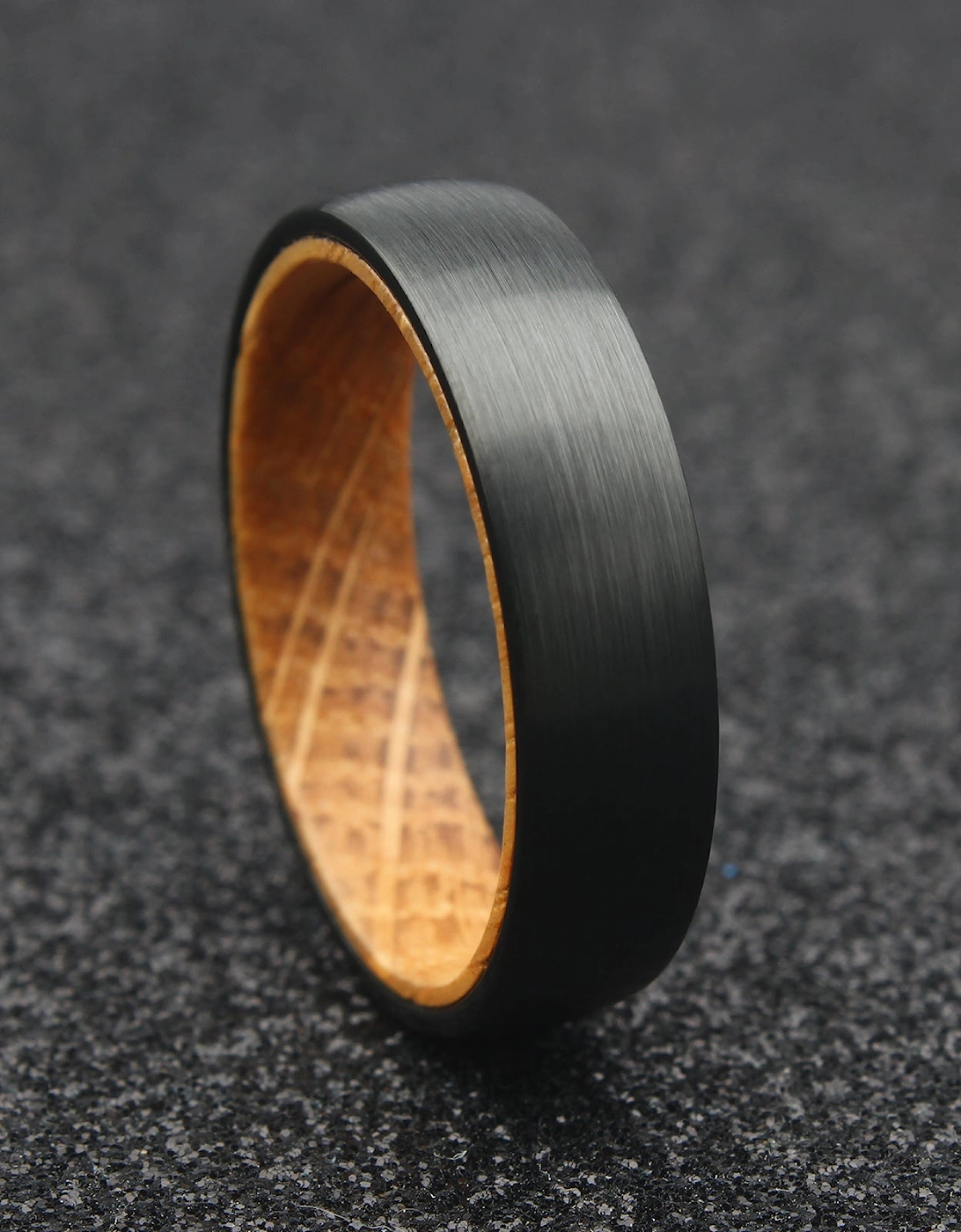 The Hercules - 6mm Brushed Black Tungsten & Whisky Barrel Wood Ring