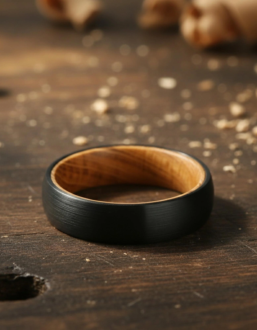 The Hercules - 6mm Brushed Black Tungsten & Whisky Barrel Wood Ring