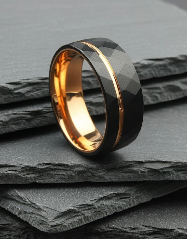 The Scorpius - 8mm Hammered Brushed Black Tungsten & Rose Gold Ring