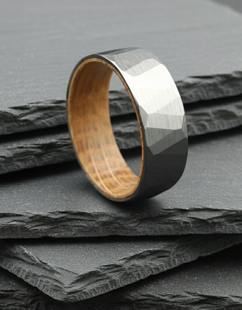 The Leo - 8mm Brushed Hammered Tungsten & Whisky Barrel Wood Ring