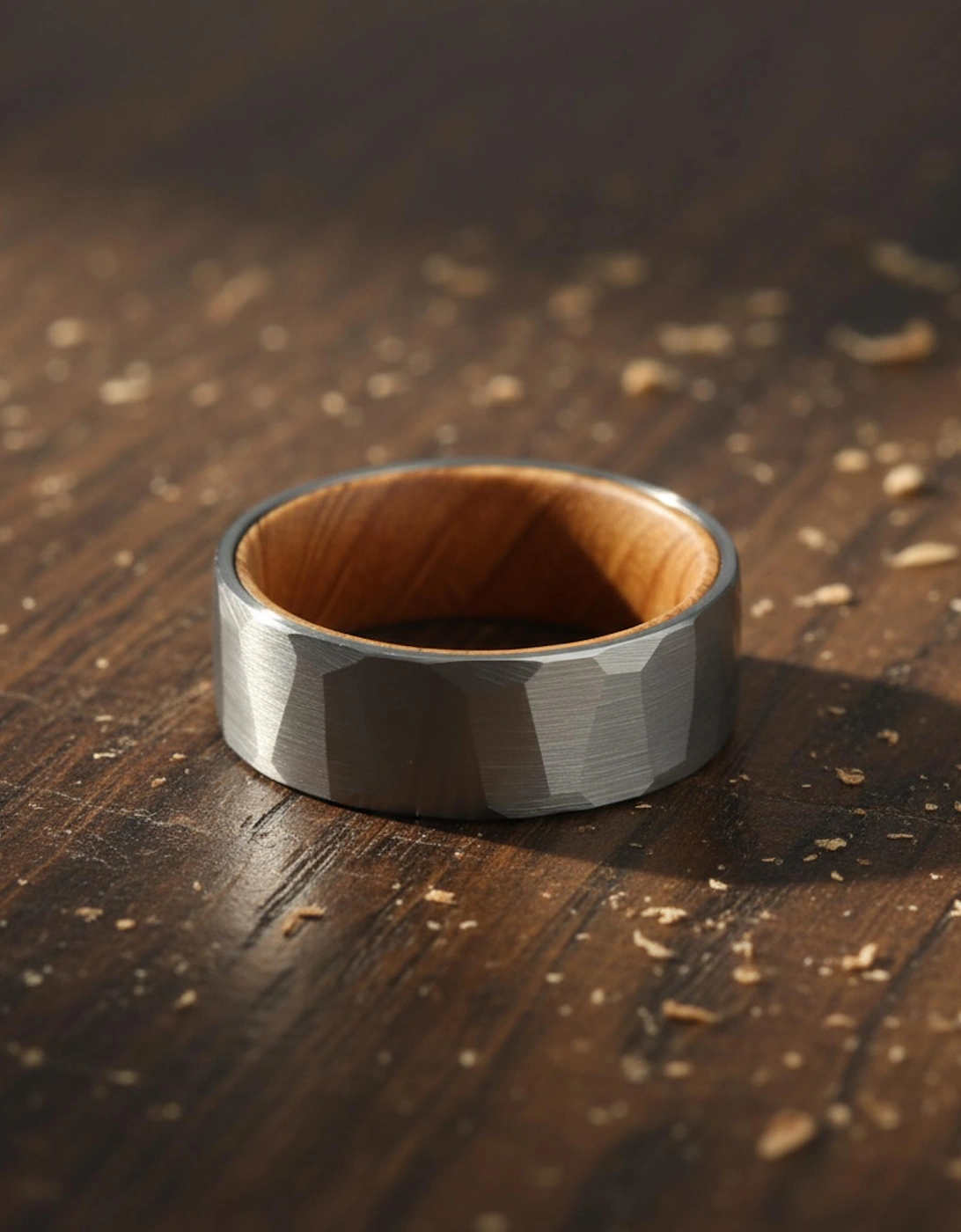 The Leo - 8mm Brushed Hammered Tungsten & Whisky Barrel Wood Ring
