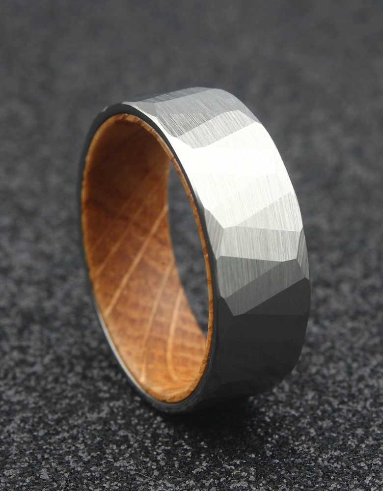 The Leo - 8mm Brushed Hammered Tungsten & Whisky Barrel Wood Ring