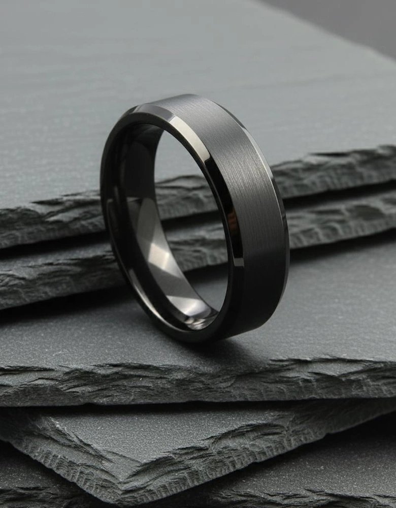 The Perseus - 6mm Brushed Black Tungsten Bevelled Edge Ring
