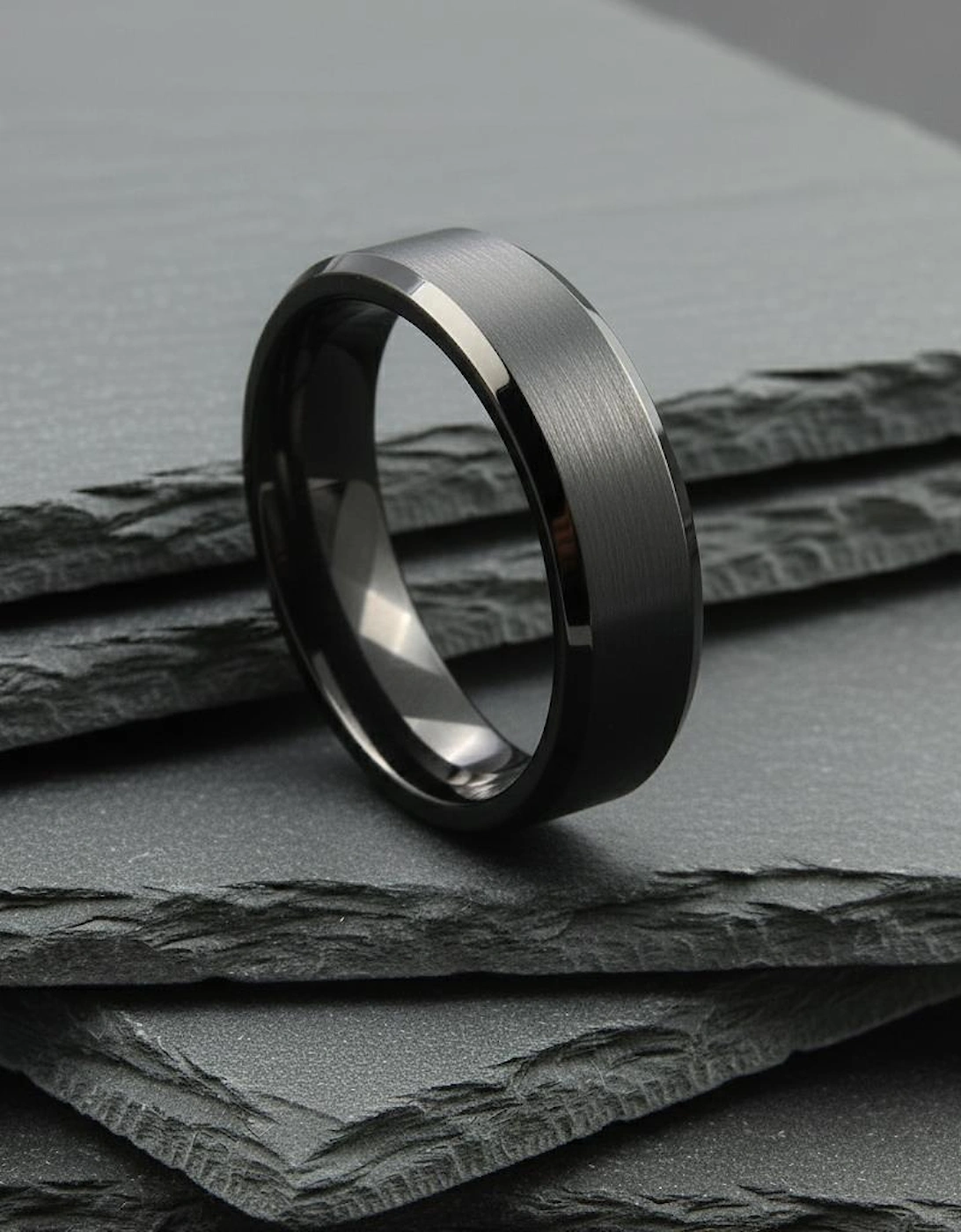 The Perseus - 6mm Brushed Black Tungsten Bevelled Edge Ring, 4 of 3