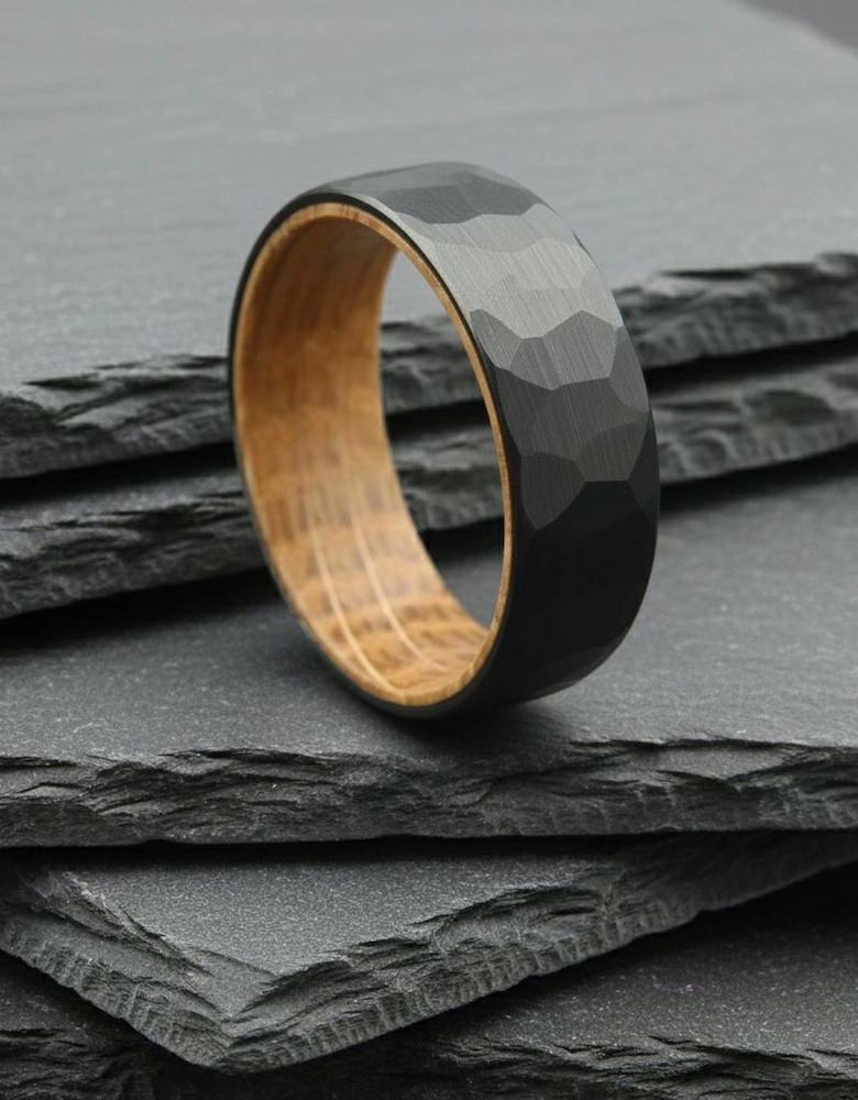 The Vega - 8mm Black Brushed Hammered Tungsten & Whisky Barrel Wood Ring