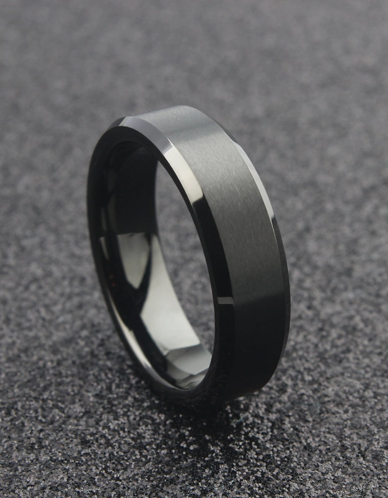 The Perseus - 6mm Brushed Black Tungsten Bevelled Edge Ring